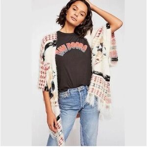 Free People Canyonland Fuzzy Fringe Southwestern Kimono Cream Red One Size